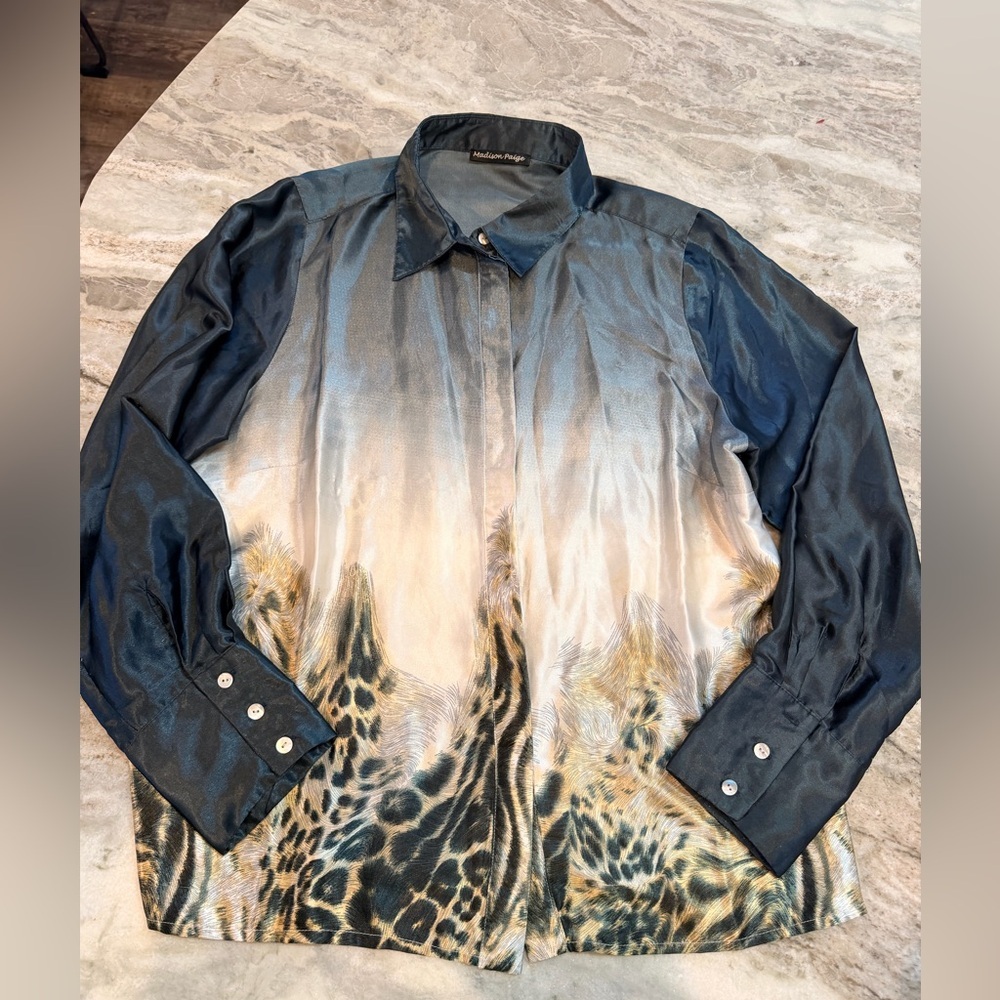 Madison Paige XL Ombre Leopard Print Button Front Blouse Long Sleeve